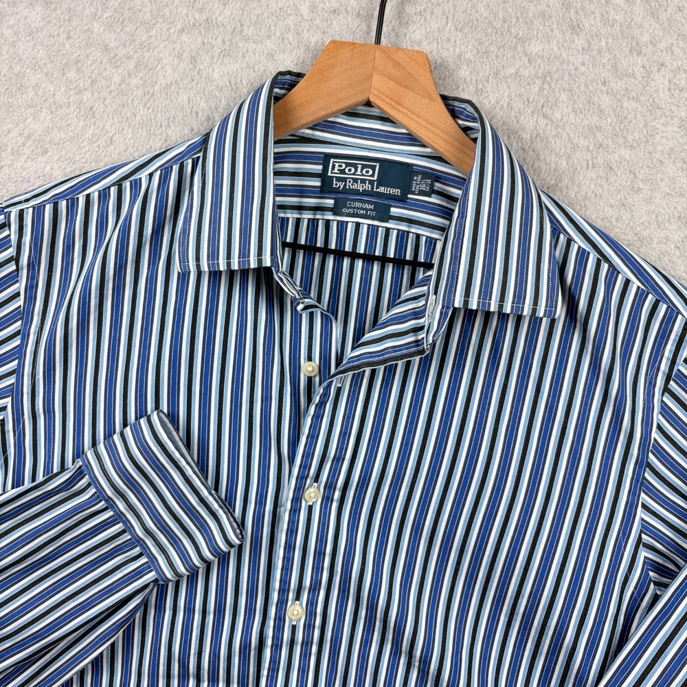 Polo Ralph Lauren Shirt Mens 16.5 34 35 Blue Striped Curham Button Up Poplin
